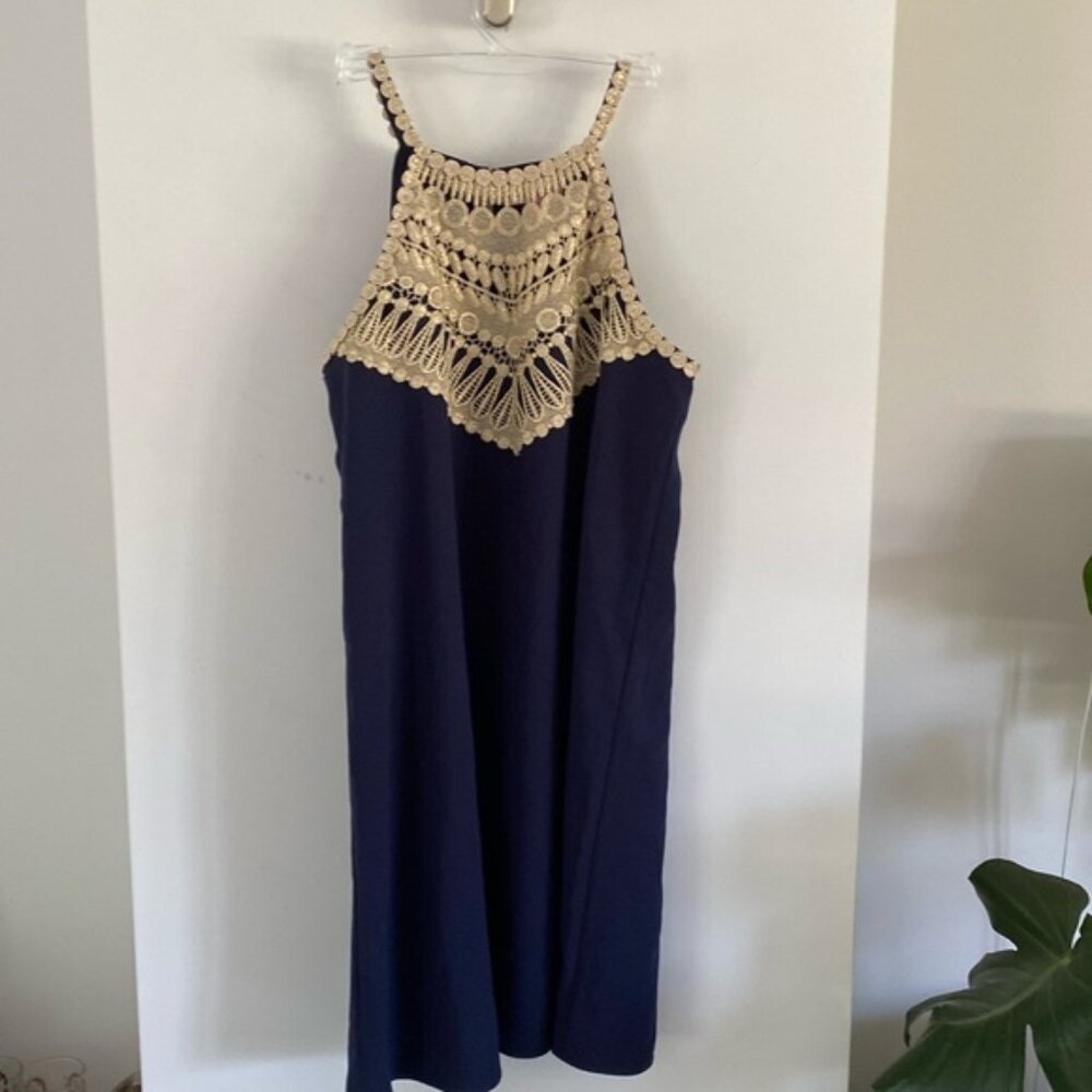 LILLY PULITZER navy blue gold trapeze swing dress tonic crepe appliqué lace trim